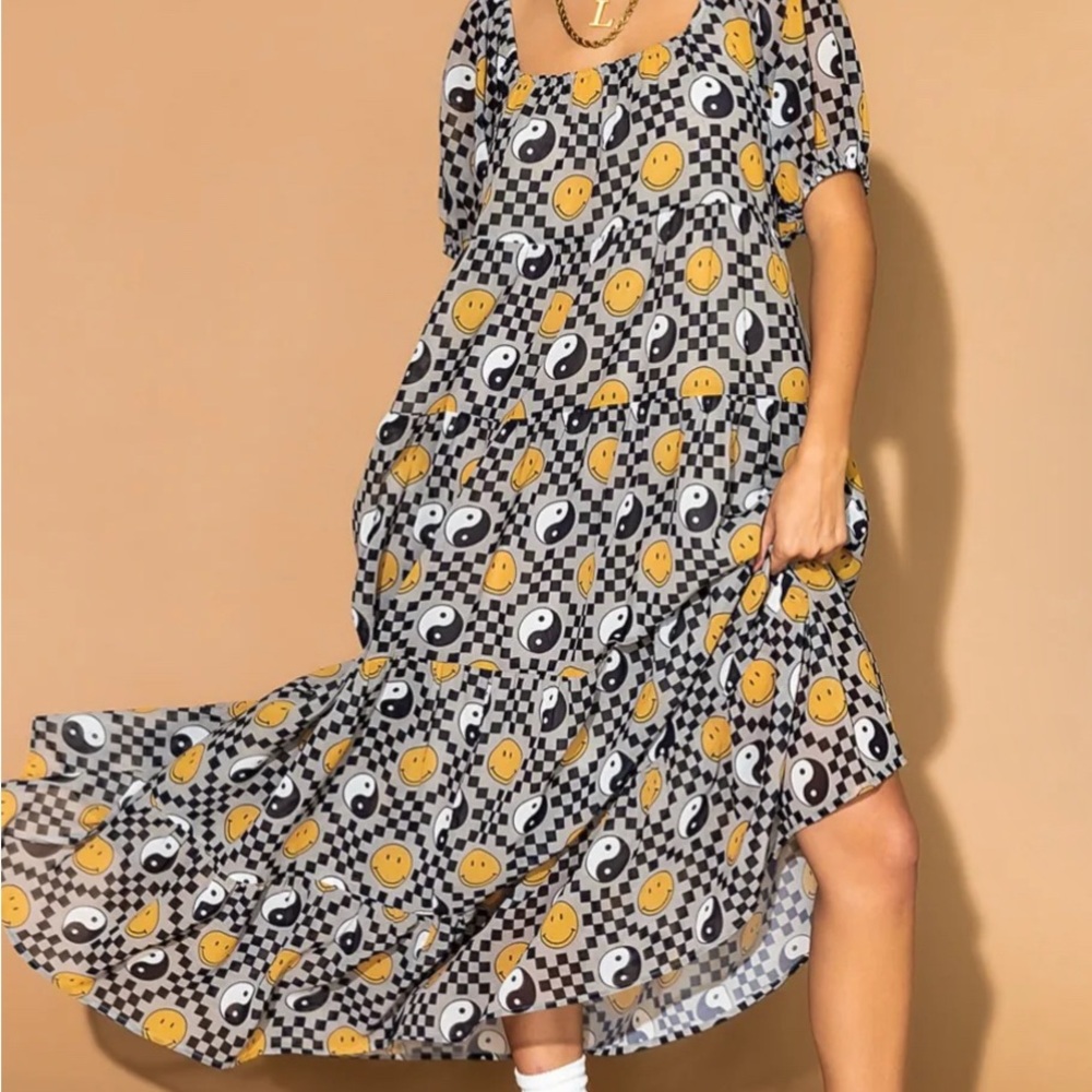 Dressed in LALA- Smiley Face and Yin Yang Patterned Dress Size M